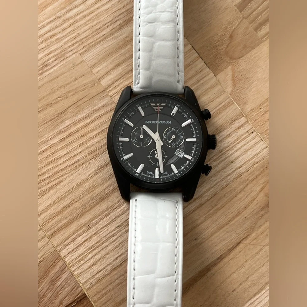 Emporio Armani Chronograph Watch Black Solid Stainless Case White Leather Strap
